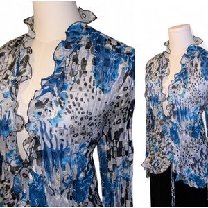 Elementz Vintage Y2K Womens Crinkle Ruffle Top Size XL Tie Close Blue Silver